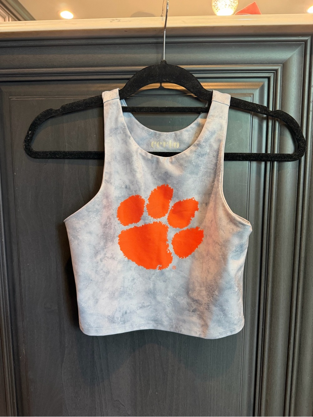 Clemson Gray Tie-Dye Crop Tank with Bright Orange Paw Print